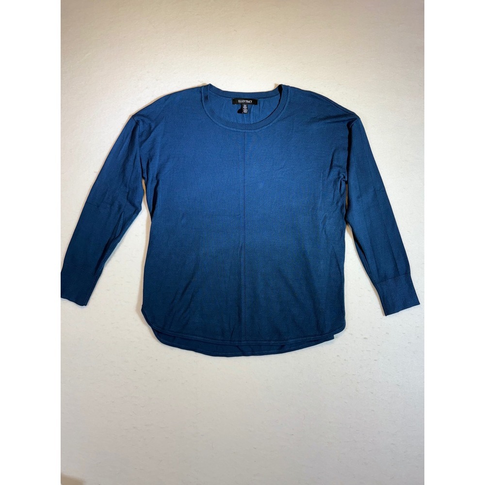 Ellen Tracy Women Blue Long Sleeve Crew Neck Waffle Knit Casual Top Medium